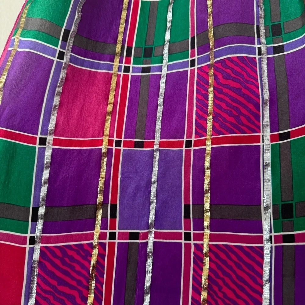 Oscar de la Renta vintage tartan colorful silk plaid metallic scarf 52x11